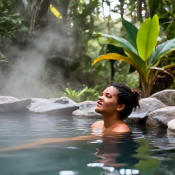 Caribbean Holidays, Dominica Wellness, Traveller relaxing in a natural hot spring surrounded by tropical rainforest in Dominica, soft steam and peaceful surroundings