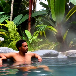 Caribbean Holidays, Dominica Wellness, Traveller relaxing in a natural hot spring surrounded by tropical rainforest in Dominica, with steam rising and lush foliage