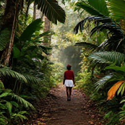 Caribbean Holidays, Dominica Wellness, Traveller walking through lush Dominica rainforest on a shaded path, tropical foliage, soft morning light and a peaceful atmosphere