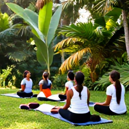 Caribbean Holidays, Dominica Wellness, Travellers enjoying a quiet wellness morning beside a tropical rainforest in Dominica, with yoga mats, lush greenery and soft sunlight