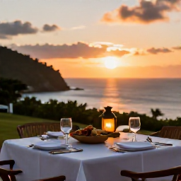 Caribbean Holidays, Dominica Wellness, Warm sunset over Dominica coastline with a relaxed outdoor dinner table, local food and soft lantern light