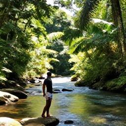 Caribbean Holidays, Dominica Wellness, Wellness traveller walking through Dominica rainforest beside a clear river, tropical foliage and filtered sunlight