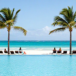 Caribbean Holidays, Dominican Adults Only, Adults-only beachfront resort in Punta Cana, Dominican Republic, with palm trees, turquoise sea and guests relaxing by an infinity pool