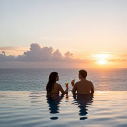 Caribbean Holidays, Dominican Adults Only, Couple enjoying a sunset cocktail beside an adults-only infinity pool overlooking the Caribbean Sea in the Dominican Republic