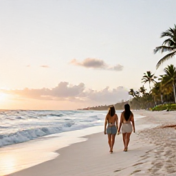 Caribbean Holidays, Dominican Adults Only, Couple walking along a peaceful white-sand beach in Punta Cana at sunset, with gentle waves and tropical palms