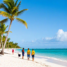 Caribbean Holidays, Dominican Adventure, A bright June morning on a Dominican Republic beach with turquoise sea, palm trees and adventurous travellers preparing for an active day