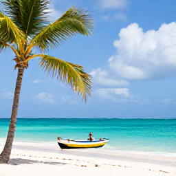 Caribbean Holidays, Dominican Adventure, A bright March morning overlooking a tropical Dominican Republic coastline, turquoise sea, palm trees and a small adventure boat