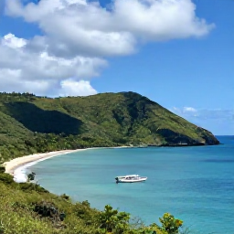 Caribbean Holidays, Dominican Adventure, A dramatic Dominican Republic coastline in October, with turquoise sea, green hills and a small adventure boat near shore