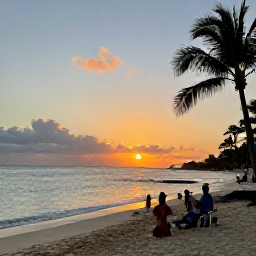 Caribbean Holidays, Dominican Adventure, A relaxed Dominican Republic beach at sunset in October, with calm turquoise water, palms and travellers enjoying the evening