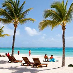 Caribbean Holidays, Dominican Adventure, A relaxed Dominican Republic beach scene with palm trees, sun loungers and travellers enjoying an active holiday