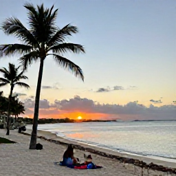 Caribbean Holidays, Dominican Adventure, A relaxed Dominican Republic resort beach at sunset with palm trees, calm turquoise water and travellers enjoying the evening