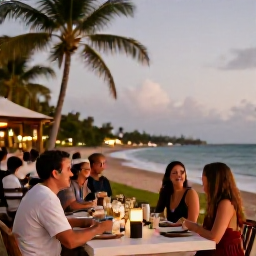 Caribbean Holidays, Dominican Adventure, A relaxed evening in a Dominican Republic coastal town with adventurous travellers dining outdoors after a day of activities