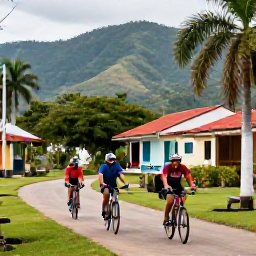 Caribbean Holidays, Dominican Adventure, A small group of travellers cycling through a Dominican mountain village, with tropical countryside, palms and distant hills
