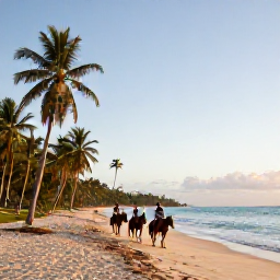 Caribbean Holidays, Dominican Adventure, A small group on horseback riding along a wide tropical beach in the Dominican Republic at sunset