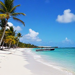 Caribbean Holidays, Dominican Adventure, A sunny Dominican Republic coastline in April with turquoise sea, palm trees and a small adventure boat near the shore
