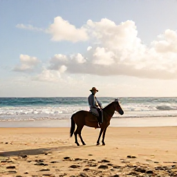 Caribbean Holidays, Dominican Adventure, A traveller on horseback riding along a wide sandy Dominican beach at golden afternoon light