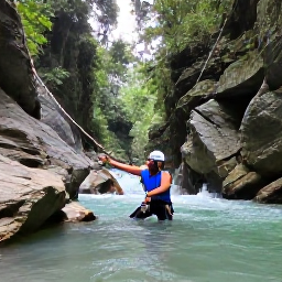 Caribbean Holidays, Dominican Adventure, Adventure travellers canyoning through a Dominican Republic river gorge, surrounded by forest and limestone cliffs