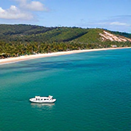 Caribbean Holidays, Dominican Adventure, Aerial view of the Dominican Republic coastline in August, with turquoise Caribbean water, green hills and a small adventure boat