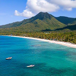 Caribbean Holidays, Dominican Adventure, Aerial view of the Dominican Republic coastline with turquoise water, green mountains and a small adventure boat near shore
