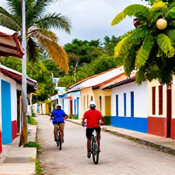 Caribbean Holidays, Dominican Adventure, Friendly Dominican Republic travel scene with cyclists, a local guide and colourful village streets framed by tropical greenery