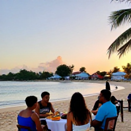 Caribbean Holidays, Dominican Adventure, Friendly Dominican Republic village beside a beach at sunset, with local food, music and travellers enjoying the atmosphere