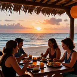 Caribbean Holidays, Dominican Adventure, Friendly travellers enjoying a sunset meal at a Dominican beachside restaurant, with local food and relaxed atmosphere