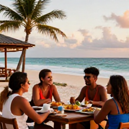 Caribbean Holidays, Dominican Adventure, Friendly travellers relaxing at a Dominican Republic beachside restaurant after an adventure, with local food and sunset light