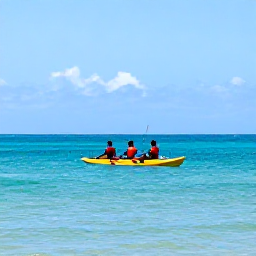 Caribbean Holidays, Dominican Adventure, Kayakers and paddleboarders enjoying calm turquoise water along the Dominican Republic coastline beneath a sunny sky
