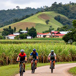 Caribbean Holidays, Dominican Adventure, Mountain biking and countryside adventure in the Dominican Republic, with riders passing green hills, sugar cane fields and a small rural village