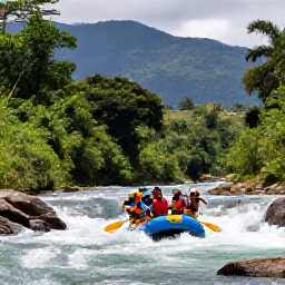 Caribbean Holidays, Dominican Adventure, People white-water rafting on a fast river in the Dominican Republic, surrounded by green mountain scenery