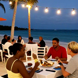 Caribbean Holidays, Dominican Adventure, Relaxed Dominican Republic evening with adventurous travellers dining outdoors near the beach, warm lights and local food on the table