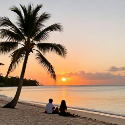 Caribbean Holidays, Dominican Adventure, Relaxed travellers enjoying a quiet Dominican beach at sunset with palm trees and calm Caribbean water