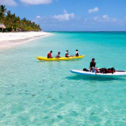 Caribbean Holidays, Dominican Adventure, Sea kayakers and snorkellers exploring clear Caribbean water beside a Dominican Republic beach, with colourful fish visible below
