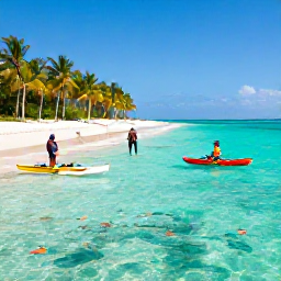 Caribbean Holidays, Dominican Adventure, Sea kayakers and snorkellers exploring clear Caribbean water beside a Dominican Republic beach, with palm trees and colourful fish visible