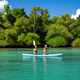 Caribbean Holidays, Dominican Adventure, Sea kayaks and paddleboards on calm turquoise water beside mangroves in Saman&aacute;, Dominican Republic