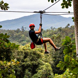 Caribbean Holidays, Dominican Adventure, Traveller zip-lining above tropical forest canopy in the Dominican Republic with mountains in the distance