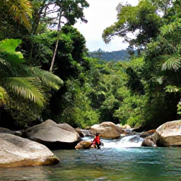 Caribbean Holidays, Dominican Adventure, Travellers canyoning through a clear river and lush jungle in the Dominican Republic, with rocks, palms and dramatic tropical scenery
