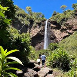 Caribbean Holidays, Dominican Adventure, Travellers hiking through green Dominican hills towards a waterfall, with tropical plants, rocky paths and clear blue sky