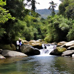 Caribbean Holidays, Dominican Adventure, Travellers hiking through green Dominican mountain trails beside a clear river and small waterfall