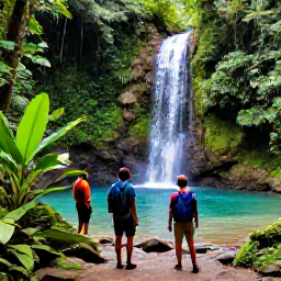 Caribbean Holidays, Dominican Adventure, Travellers hiking through lush Dominican rainforest towards a clear waterfall, with tropical plants and rocky paths around them