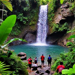 Caribbean Holidays, Dominican Adventure, Travellers hiking through lush Dominican rainforest towards a clear waterfall, with tropical plants and rocky paths