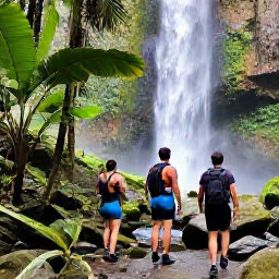Caribbean Holidays, Dominican Adventure, Travellers hiking through lush Dominican rainforest towards a waterfall, with tropical plants and rocky paths