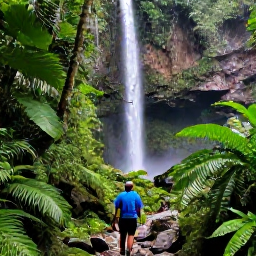 Caribbean Holidays, Dominican Adventure, Travellers hiking through lush Dominican Republic rainforest towards a waterfall, with tropical plants and rocky trails