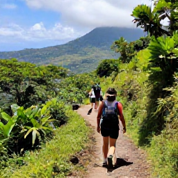 Caribbean Holidays, Dominican Adventure, Travellers hiking through lush green Dominican mountain scenery on a marked trail, with distant valleys and tropical vegetation