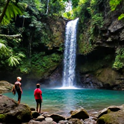 Caribbean Holidays, Dominican Adventure, Visitors hiking through lush Dominican rainforest towards a clear waterfall, with tropical plants and rocky scenery
