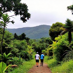 Caribbean Holidays, Dominican Adventure, Visitors hiking through lush green Dominican mountain scenery with a guide, tropical plants and distant hills