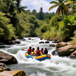 Caribbean Holidays, Dominican Adventure, White-water rafting group navigating a lively river through lush Dominican countryside beneath tropical trees