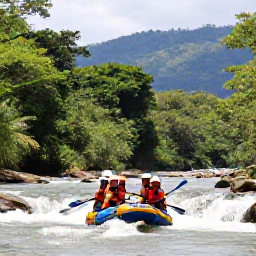 Caribbean Holidays, Dominican Adventure, White-water rafting group navigating a river near Jarabacoa, Dominican Republic, surrounded by tropical hills