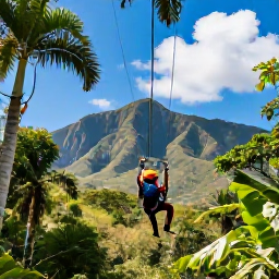 Caribbean Holidays, Dominican Adventure, Zip-lining through tropical forest in the Dominican Republic, with mountains and bright blue sky in the background