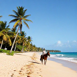 Caribbean Holidays, Dominican Adventures, Horse riding along a quiet golden beach near palm trees in the Dominican Republic
